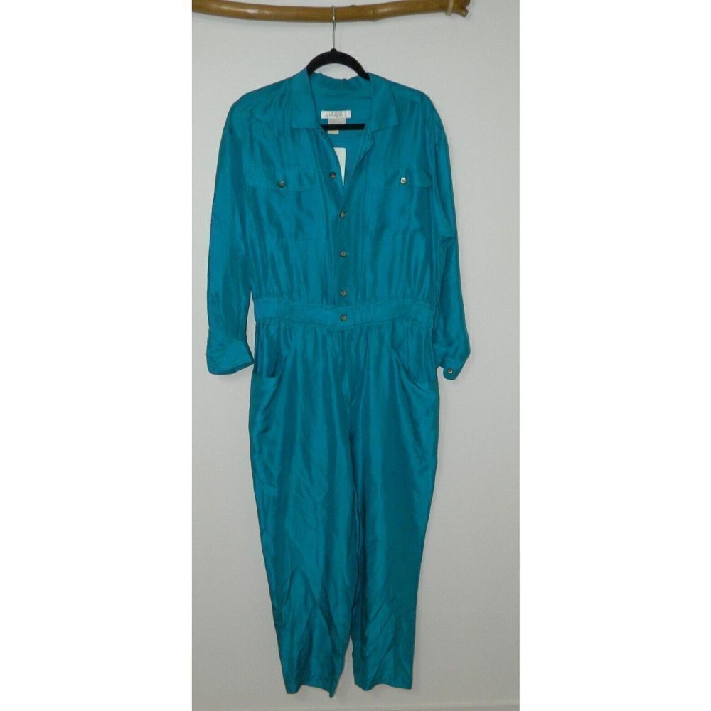I.‎ Magnin Jumpsuit Vintage Women's Turquoise Silk 1980's Pockets Size 12